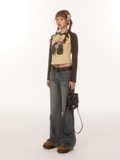 BETWEENAND Double Bow Puppy Print Raglan Crop Women&