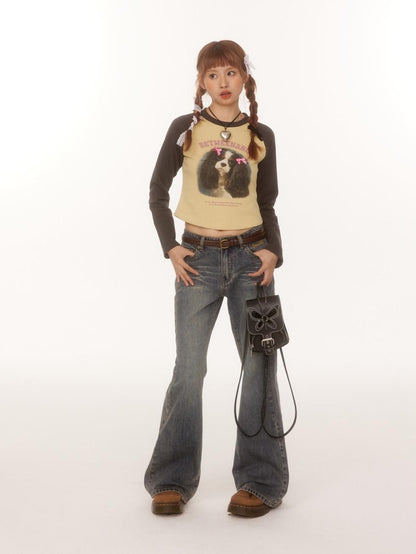 BETWEENAND Double Bow Puppy Print Raglan Crop Women&
