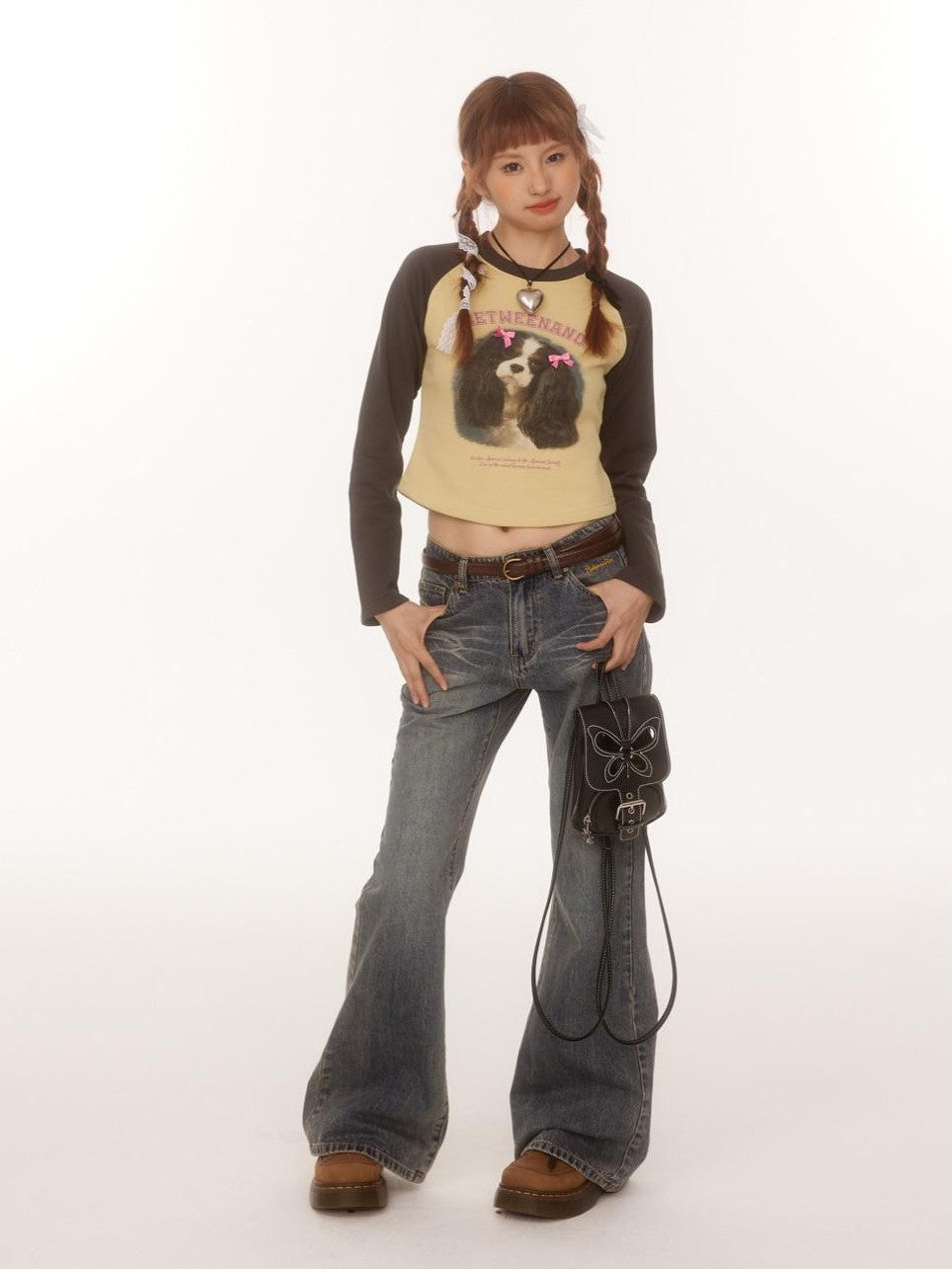 BETWEENAND Double Bow Puppy Print Raglan Crop Women&