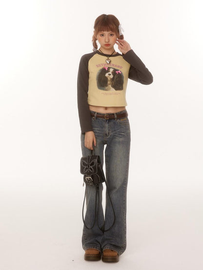 BETWEENAND Double Bow Puppy Print Raglan Crop Women&