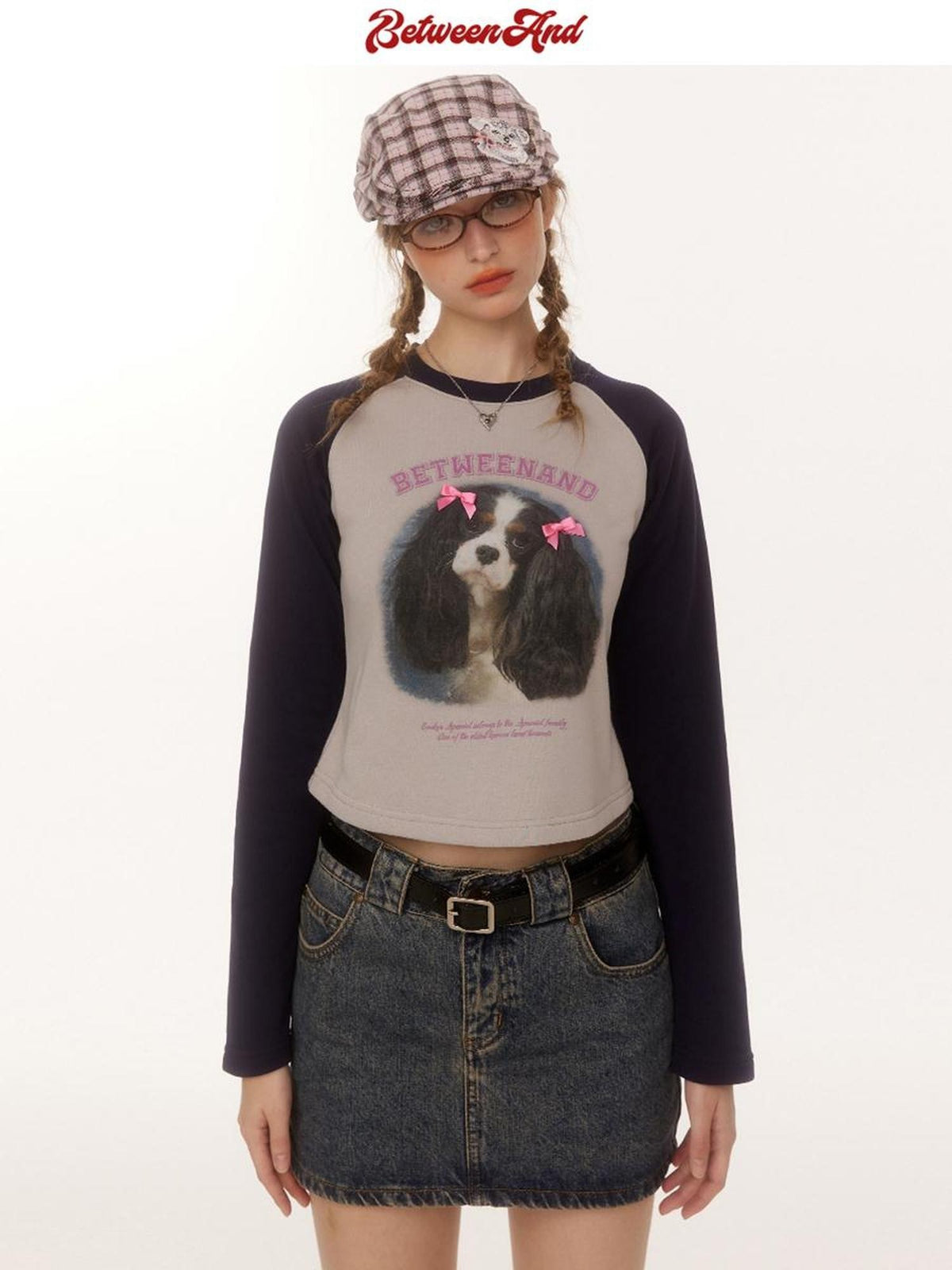 BETWEENAND Double Bow Puppy Print Raglan Crop Women&