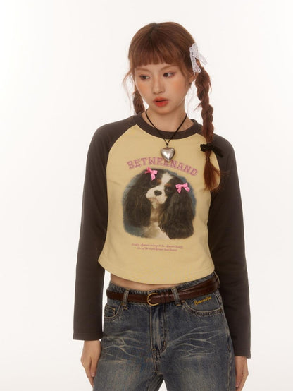 BETWEENAND Double Bow Puppy Print Raglan Crop Women&