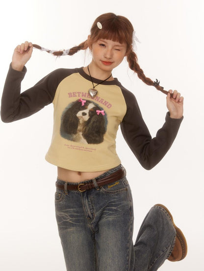 BETWEENAND Double Bow Puppy Print Raglan Crop Women&