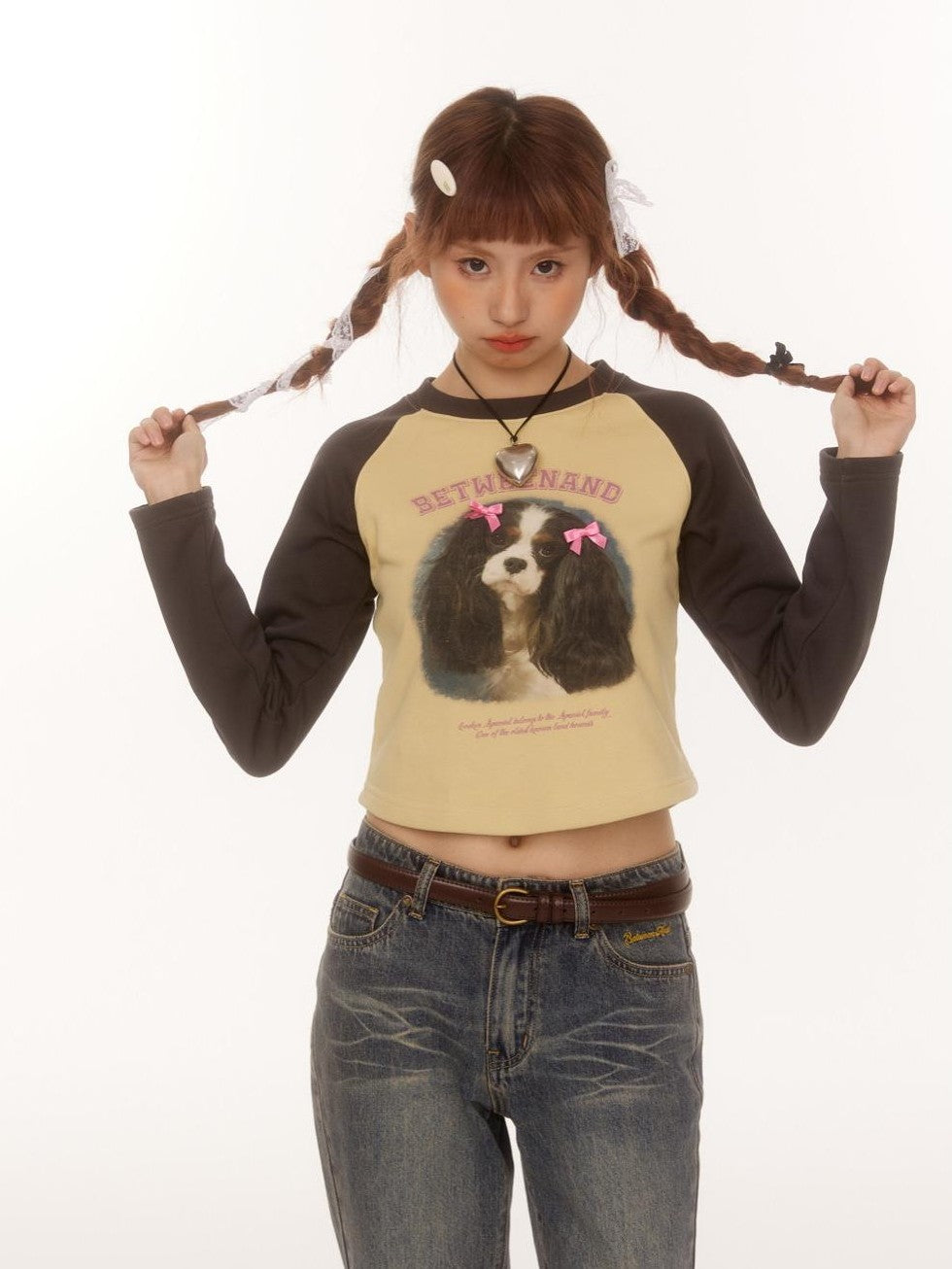 BETWEENAND Double Bow Puppy Print Raglan Crop Women&
