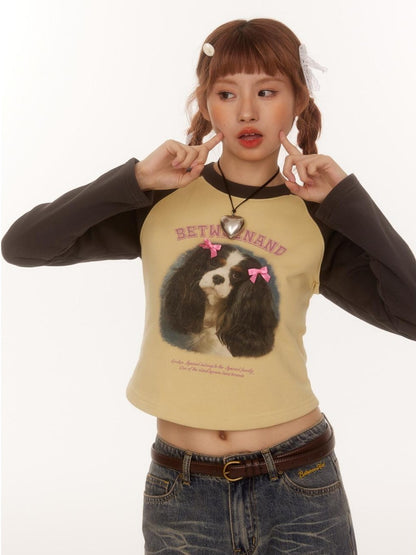 BETWEENAND Double Bow Puppy Print Raglan Crop Women&