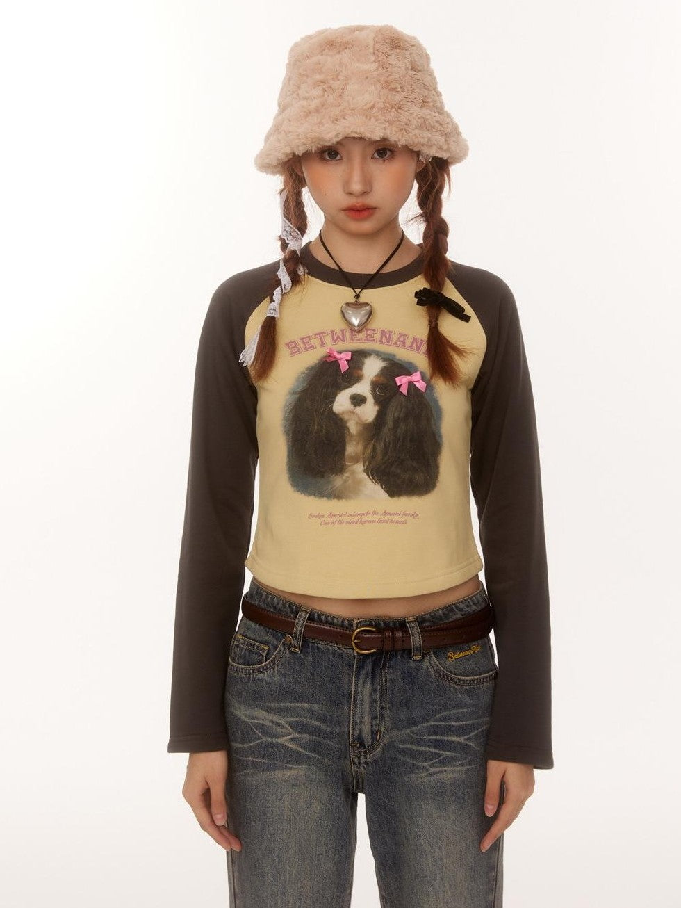 BETWEENAND Double Bow Puppy Print Raglan Crop Women&
