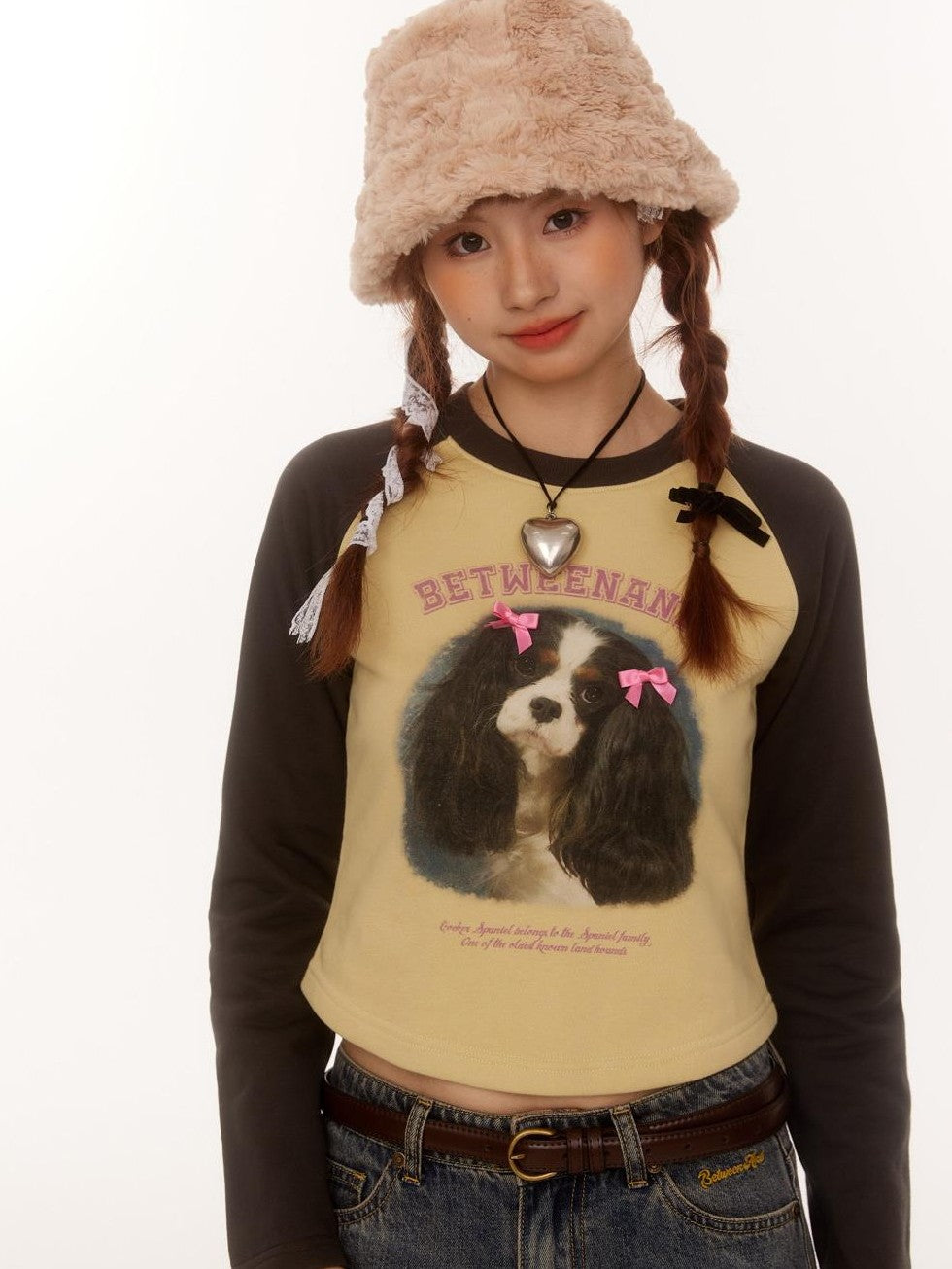 BETWEENAND Double Bow Puppy Print Raglan Crop Women&