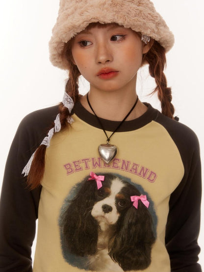 BETWEENAND Double Bow Puppy Print Raglan Crop Women&