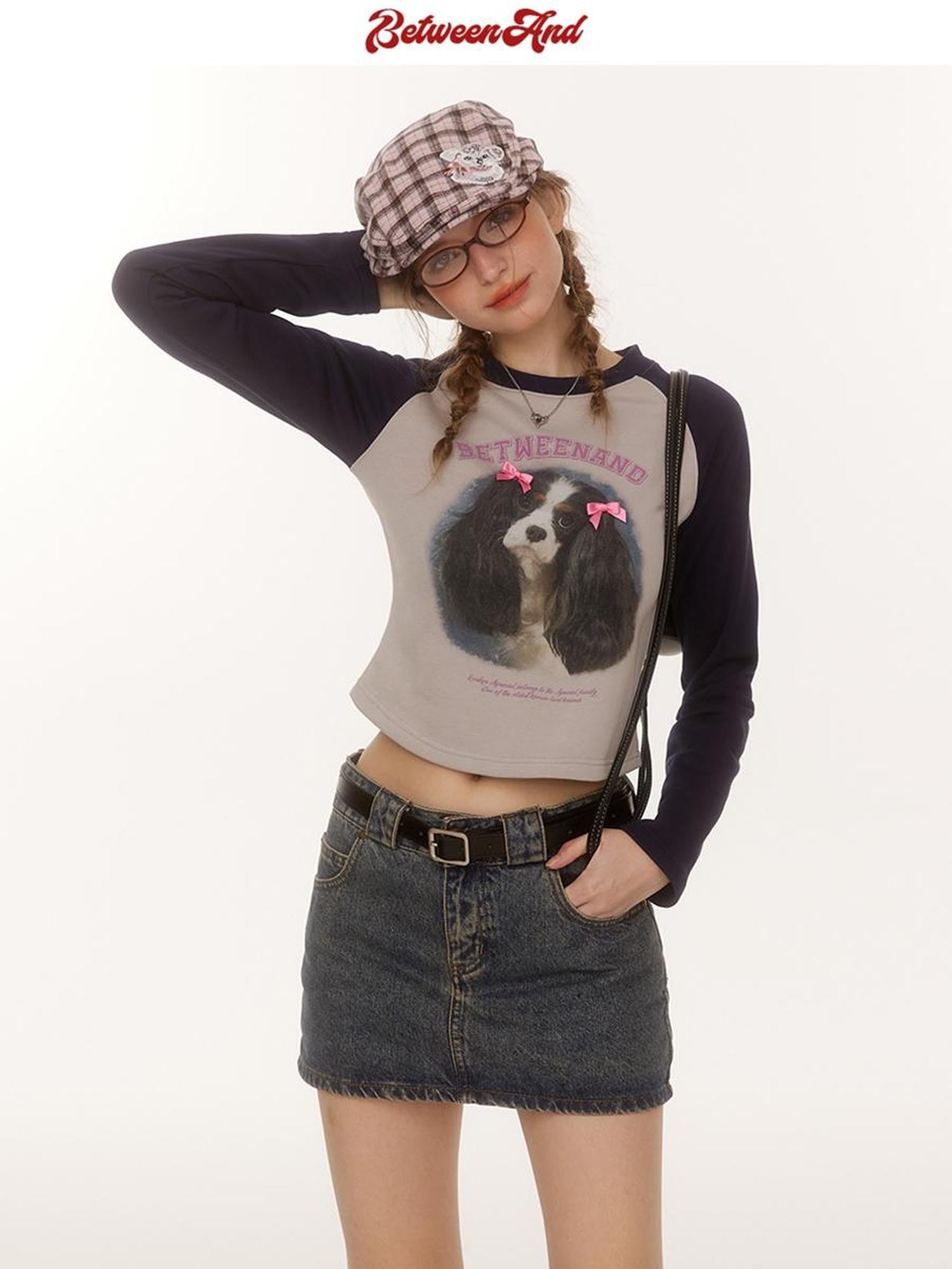 BETWEENAND Double Bow Puppy Print Raglan Crop Women&