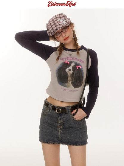 BETWEENAND Double Bow Puppy Print Raglan Crop Women&