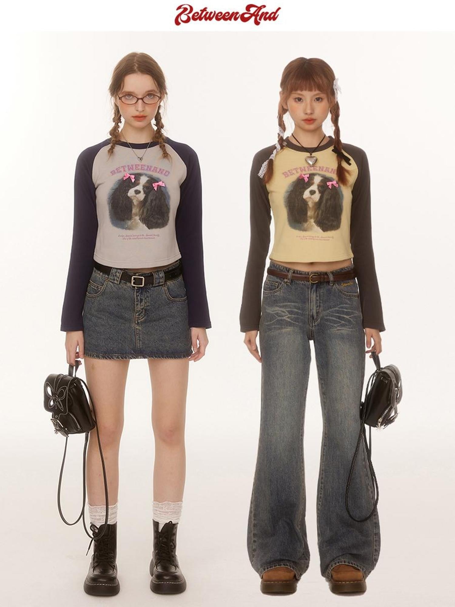 BETWEENAND Double Bow Puppy Print Raglan Crop Women&