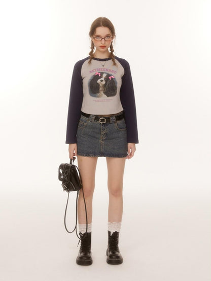 BETWEENAND Double Bow Puppy Print Raglan Crop Women&