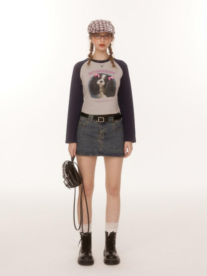 BETWEENAND Double Bow Puppy Print Raglan Crop Women&