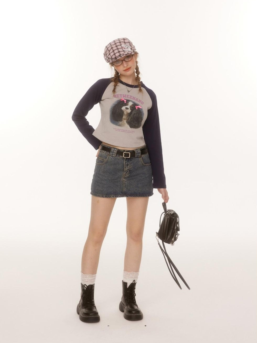 BETWEENAND Double Bow Puppy Print Raglan Crop Women&
