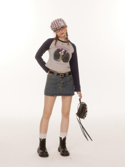 BETWEENAND Double Bow Puppy Print Raglan Crop Women&