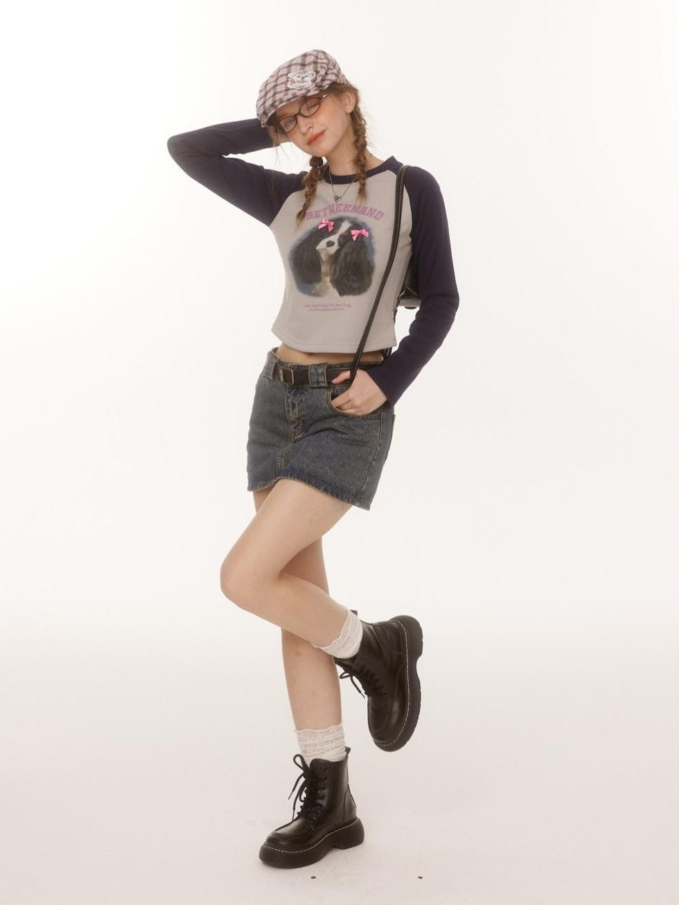 BETWEENAND Double Bow Puppy Print Raglan Crop Women&