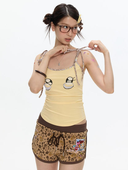 BETWEENAND Egg Yellow Leopard Print V-neck Slim Fit Women&