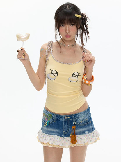 BETWEENAND Egg Yellow Leopard Print V-neck Slim Fit Women&