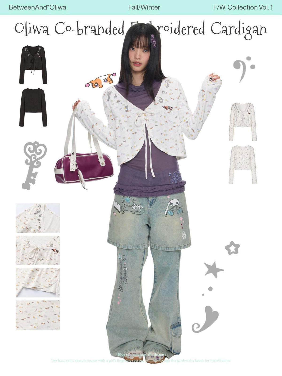 BETWEENAND Embroidered Snowflake Tie Front Cardigan Women&
