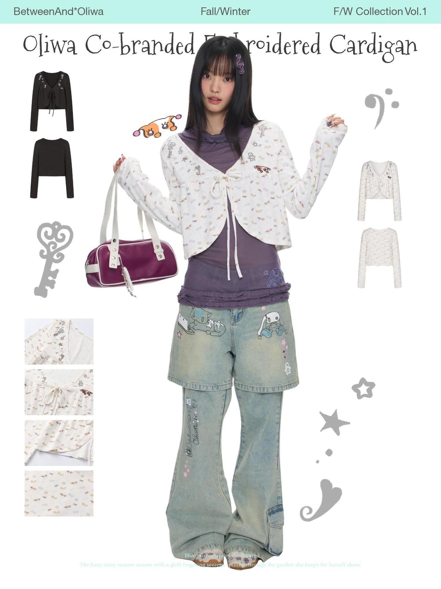 BETWEENAND Embroidered Snowflake Tie Front Cardigan Women&