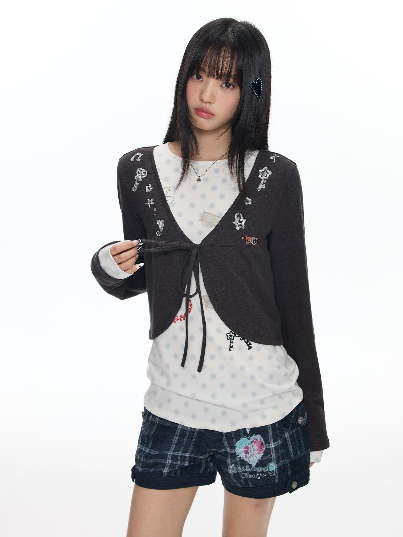 BETWEENAND Embroidered Snowflake Tie Front Cardigan Women&