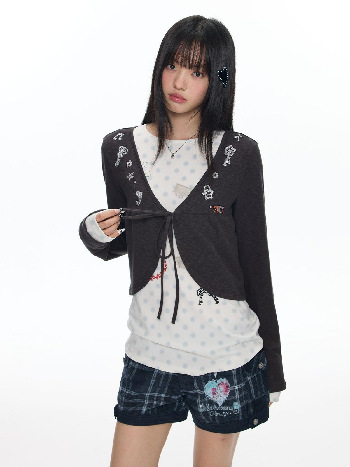 BETWEENAND Embroidered Snowflake Tie Front Cardigan Women&