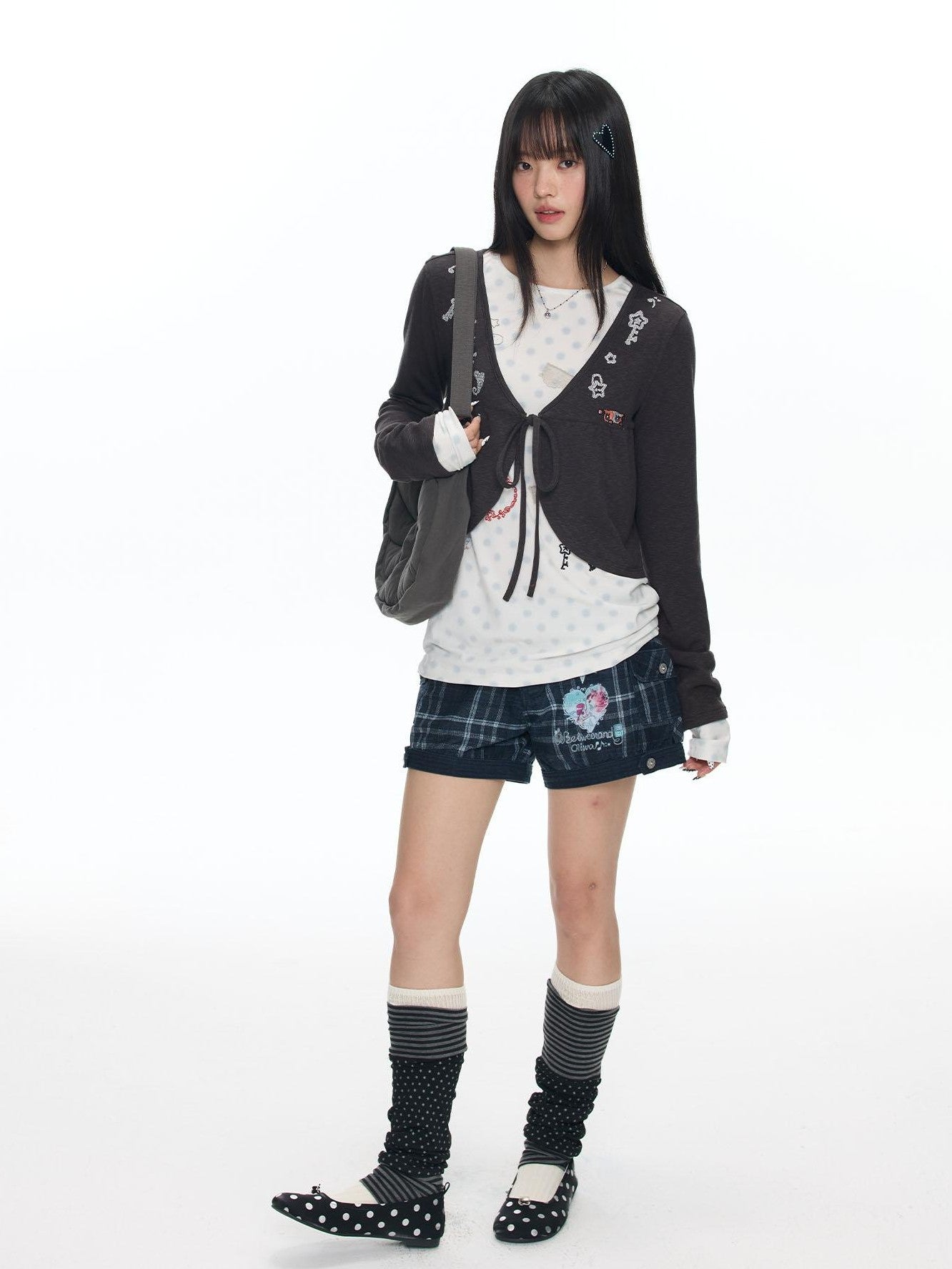 BETWEENAND Embroidered Snowflake Tie Front Cardigan Women&