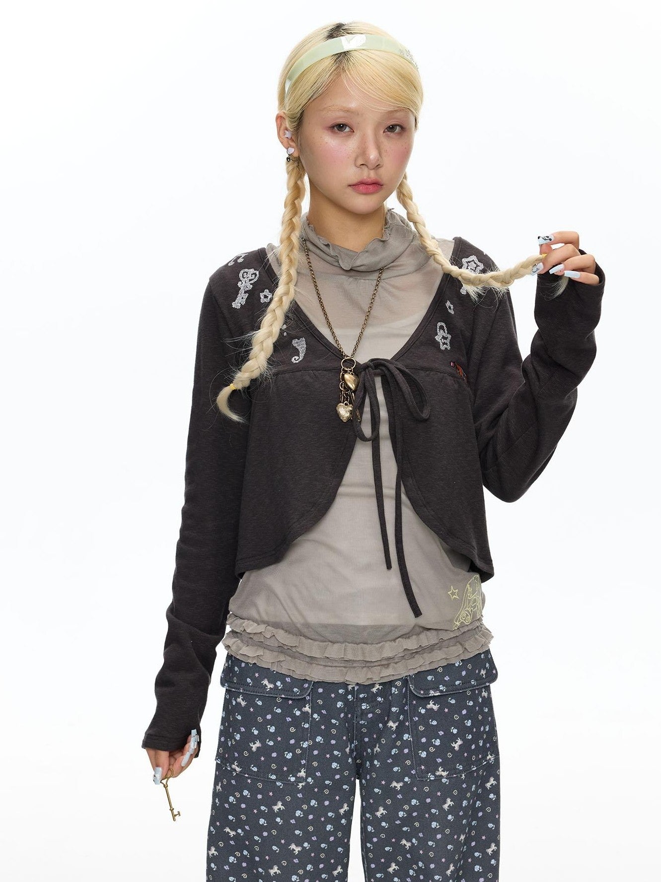 BETWEENAND Embroidered Snowflake Tie Front Cardigan Women&