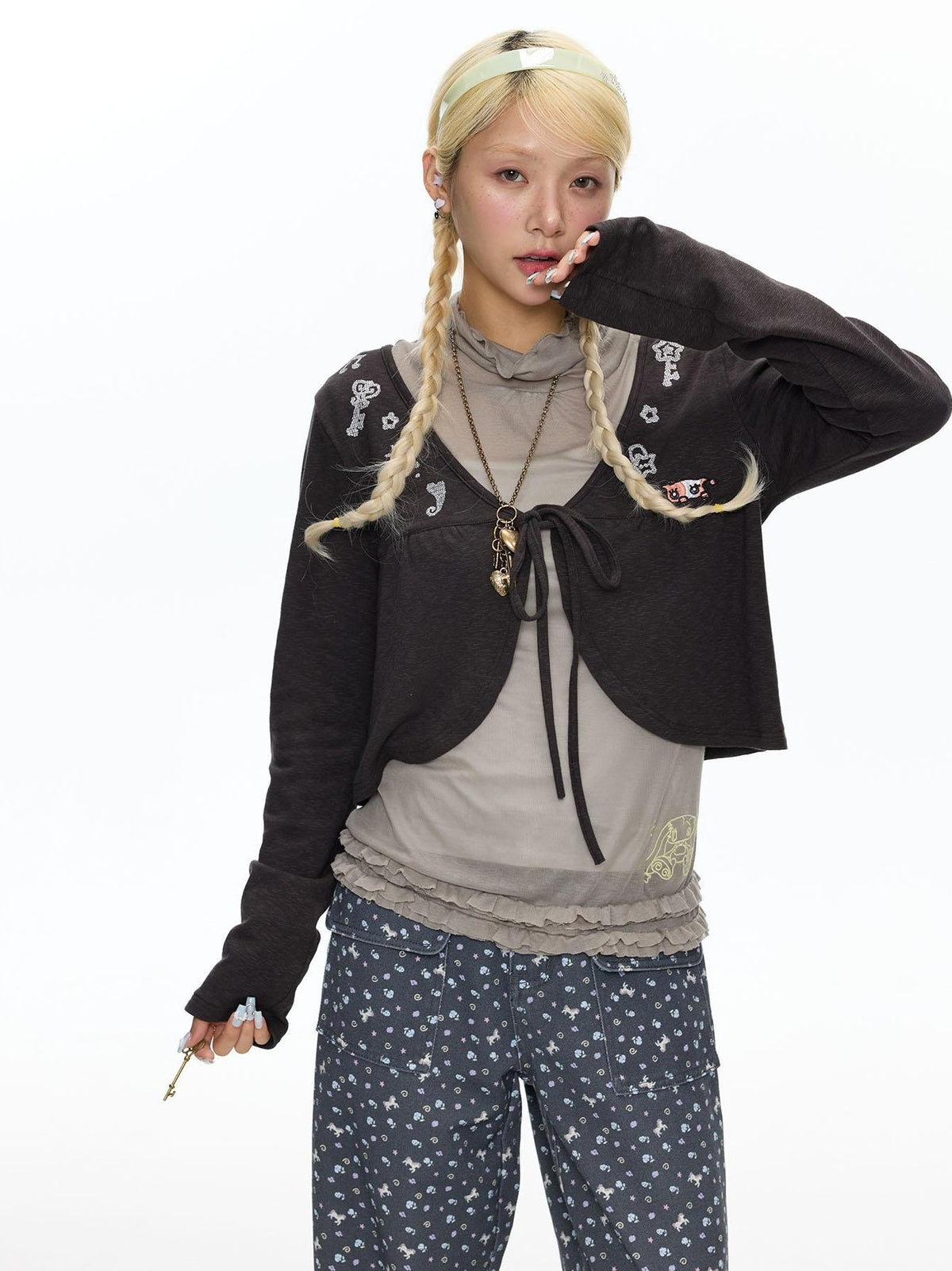 BETWEENAND Embroidered Snowflake Tie Front Cardigan Women&