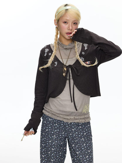 BETWEENAND Embroidered Snowflake Tie Front Cardigan Women&