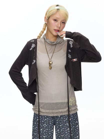 BETWEENAND Embroidered Snowflake Tie Front Cardigan Women&