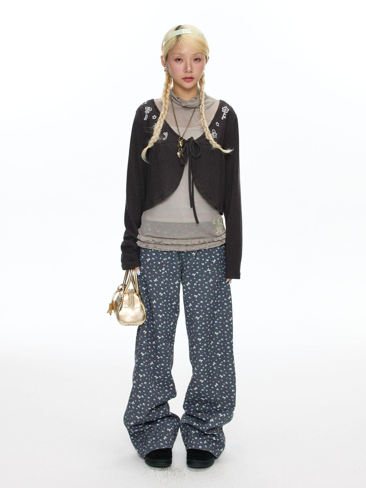BETWEENAND Embroidered Snowflake Tie Front Cardigan Women&