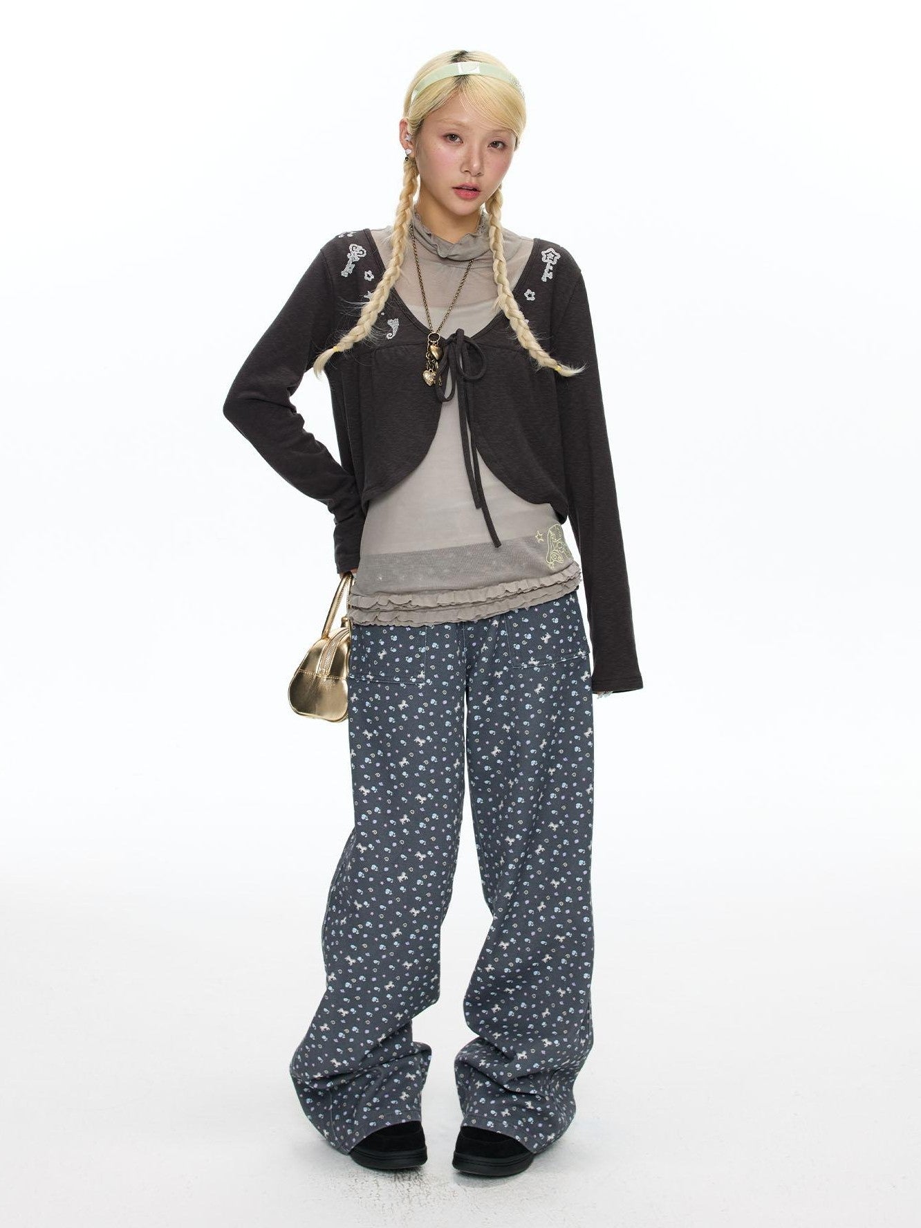 BETWEENAND Embroidered Snowflake Tie Front Cardigan Women&