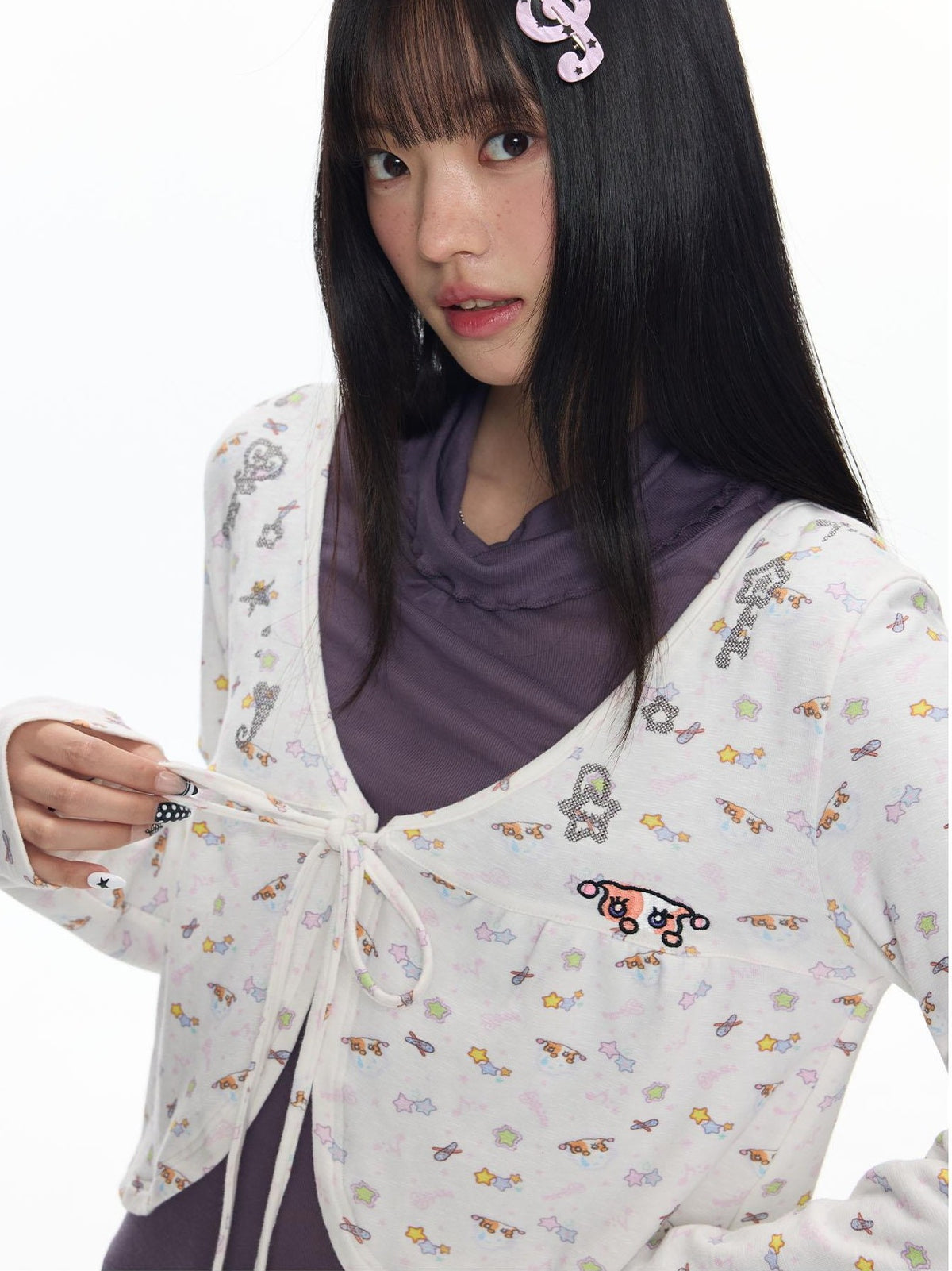 BETWEENAND Embroidered Snowflake Tie Front Cardigan Women&