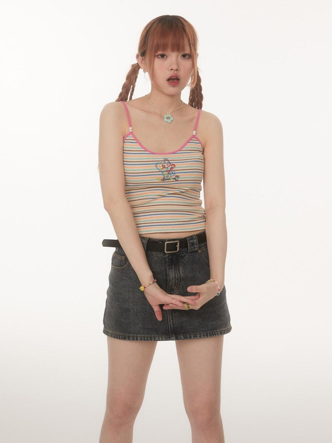 BETWEENAND Embroidered Striped Strappy Slim Fit Women&