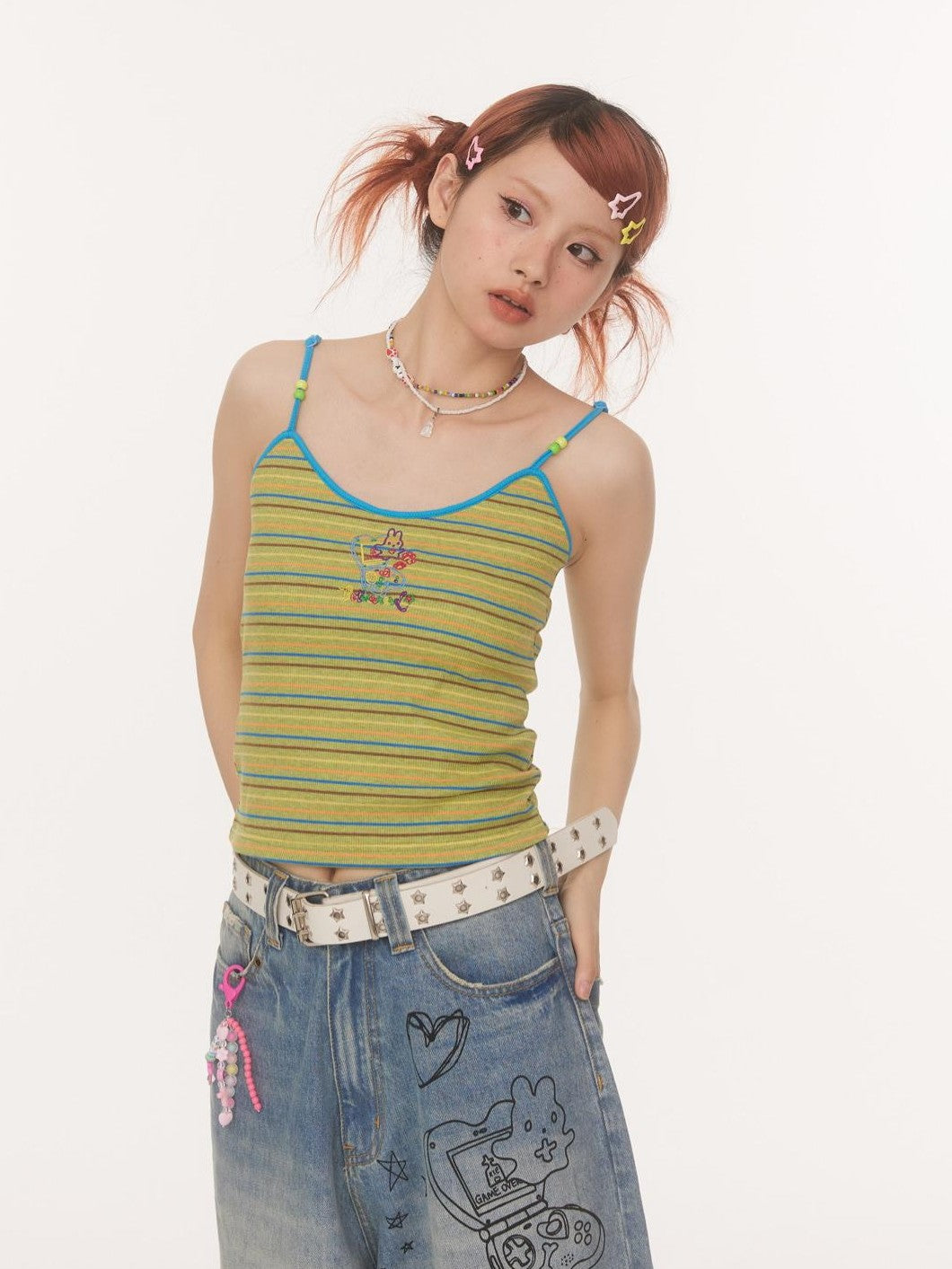 BETWEENAND Embroidered Striped Strappy Slim Fit Women&