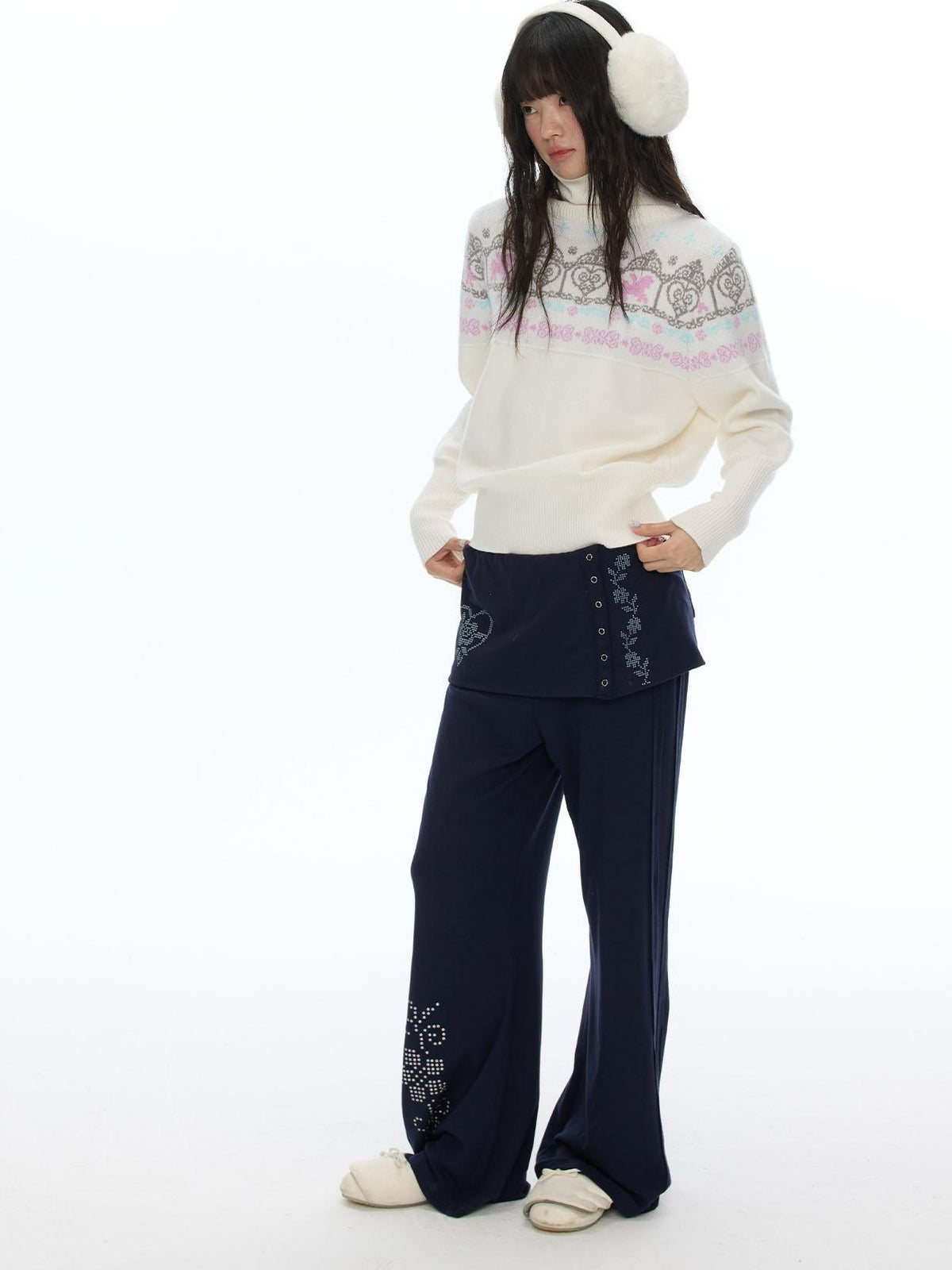 BETWEENAND Fair Isle Floral Window Batwing Sleeve Women&