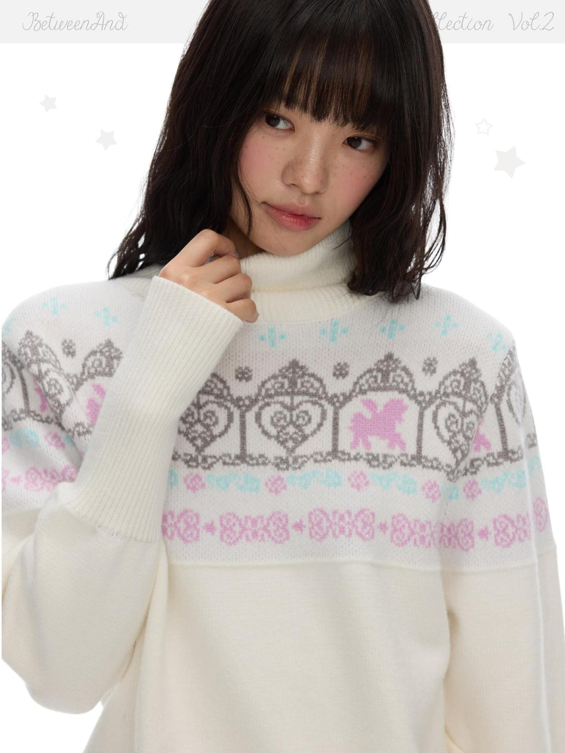 BETWEENAND Fair Isle Floral Window Batwing Sleeve Women&