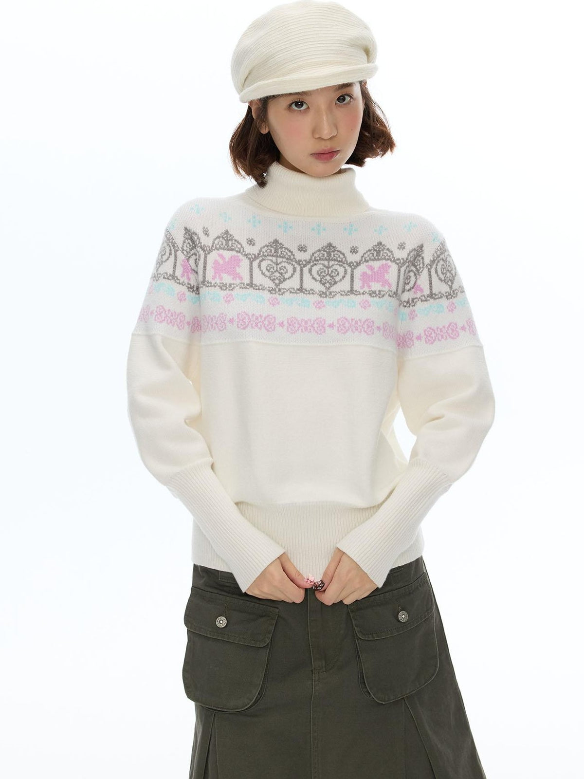 BETWEENAND Fair Isle Floral Window Batwing Sleeve Women&