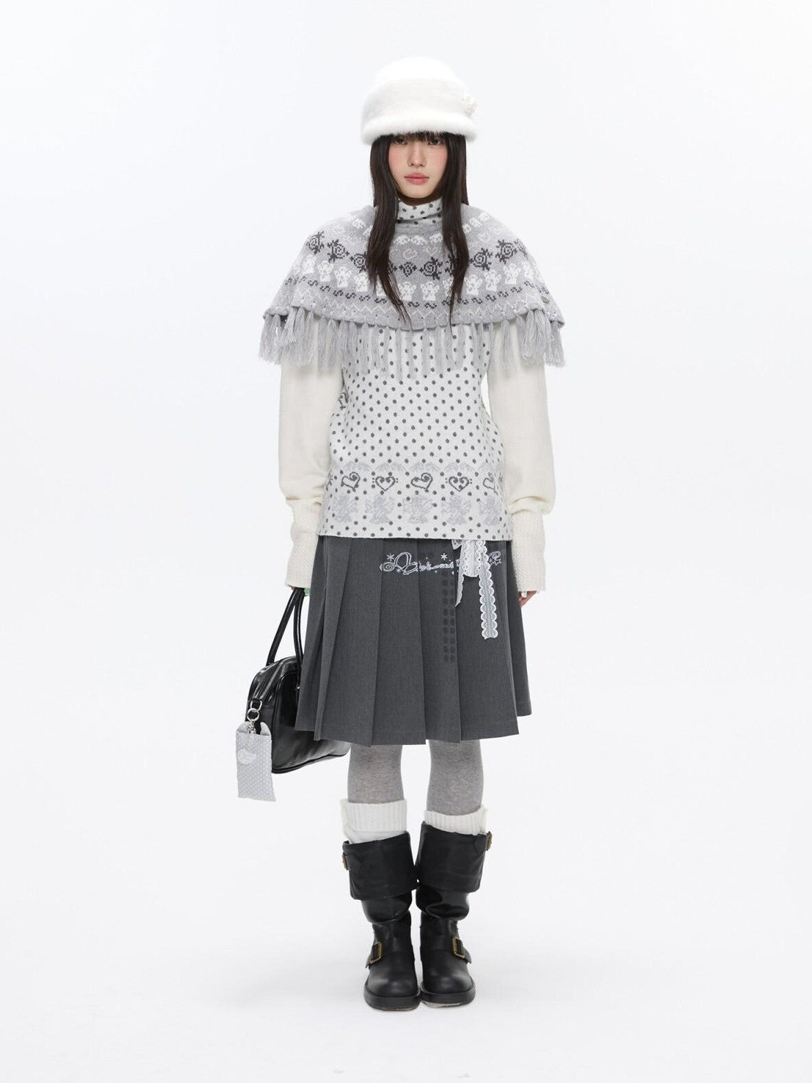 BETWEENAND Fair Isle Jacquard Fringe Knit Cape Women&