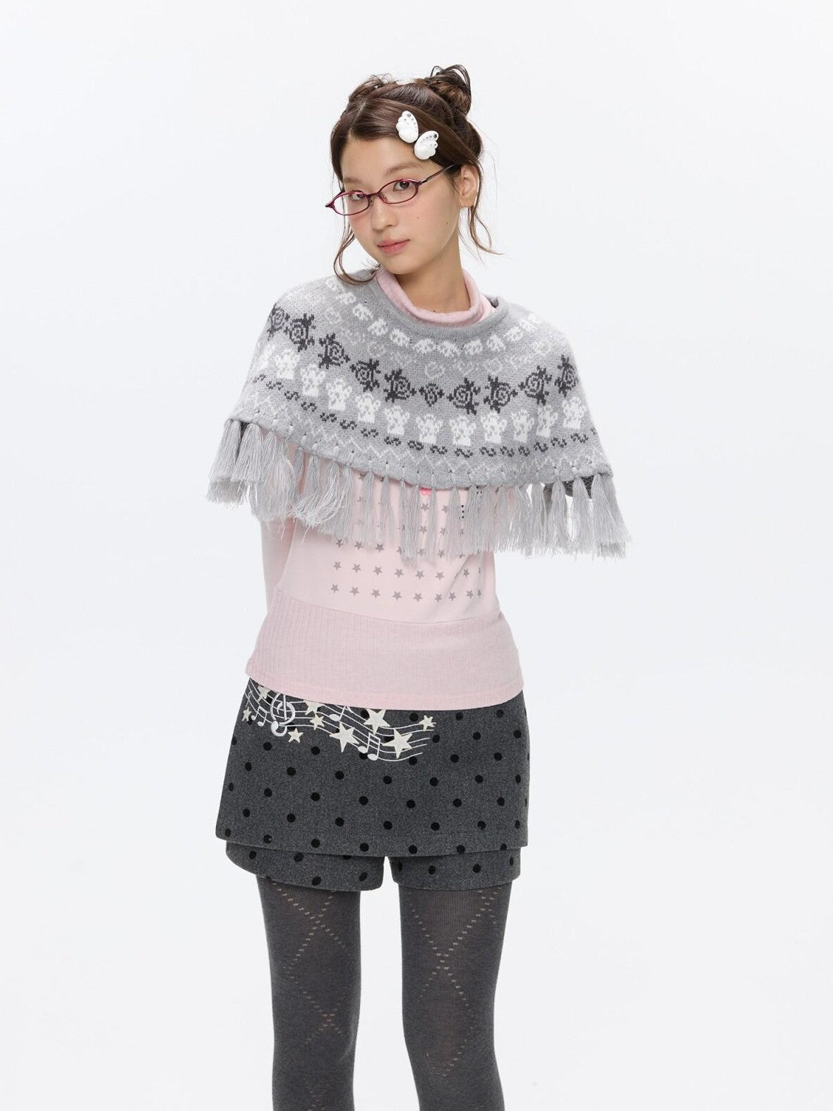 BETWEENAND Fair Isle Jacquard Fringe Knit Cape Women&