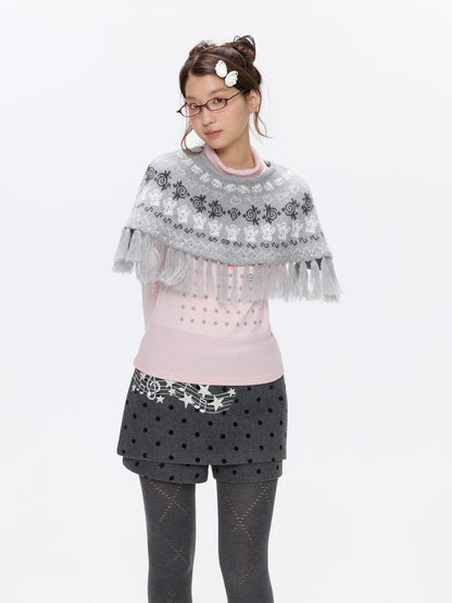 BETWEENAND Fair Isle Jacquard Fringe Knit Cape Women&