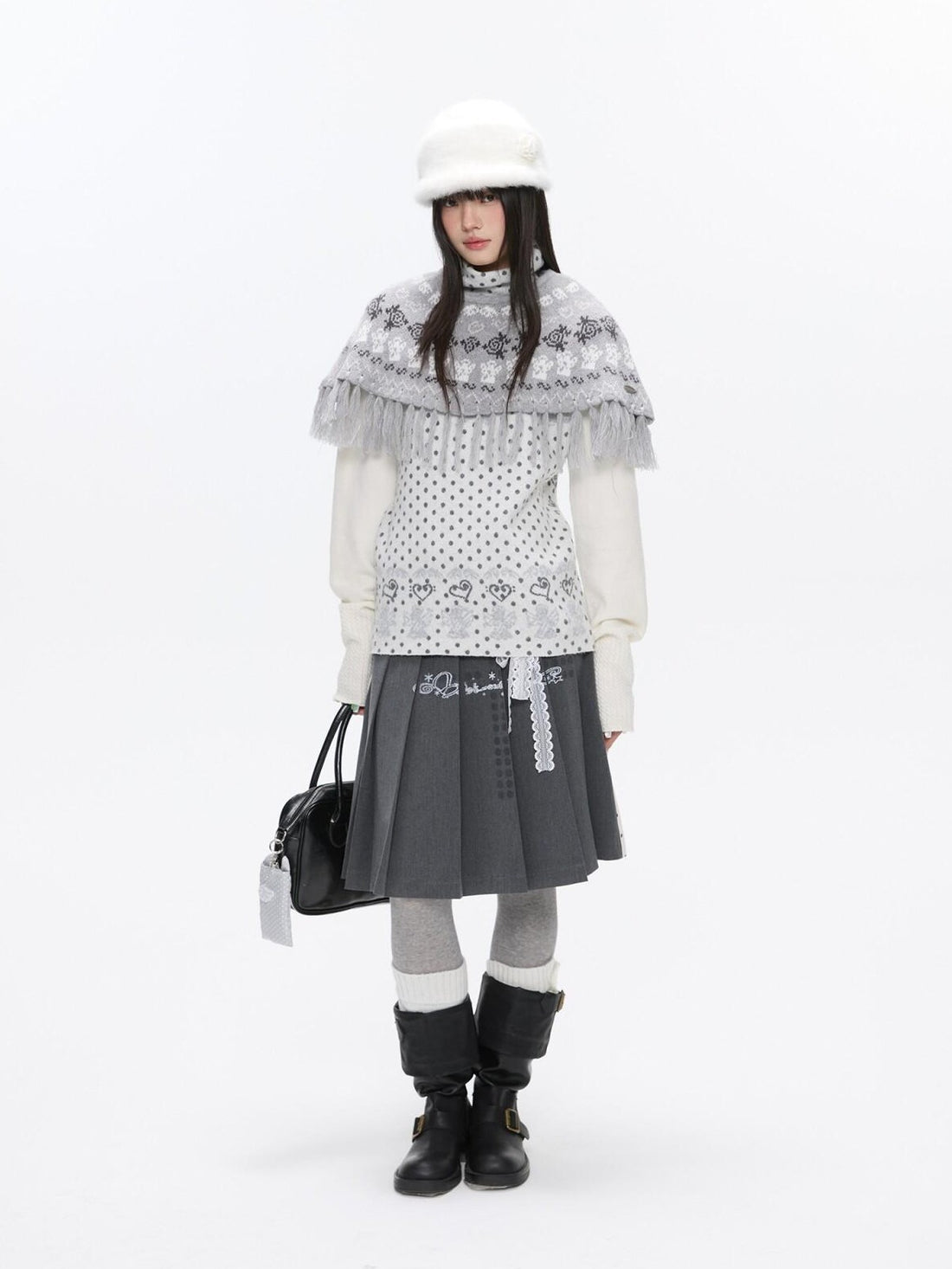 BETWEENAND Fair Isle Jacquard Fringe Knit Cape Women&