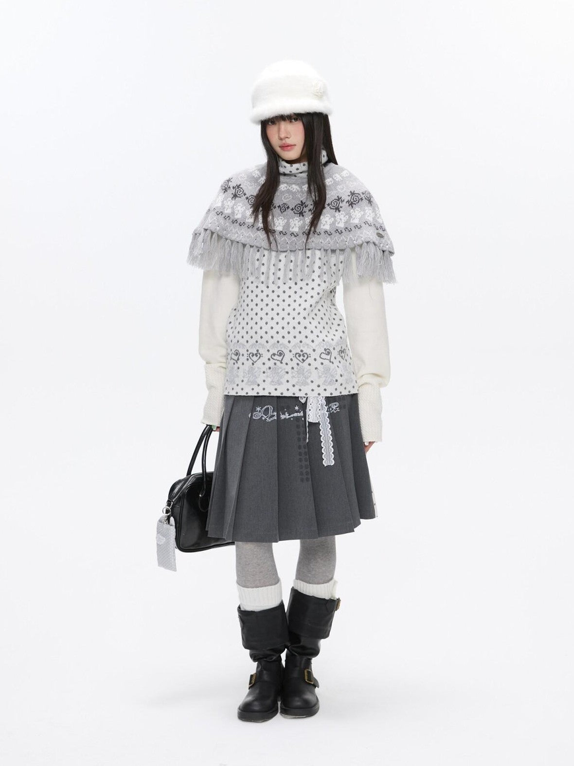 BETWEENAND Fair Isle Jacquard Fringe Knit Cape Women&