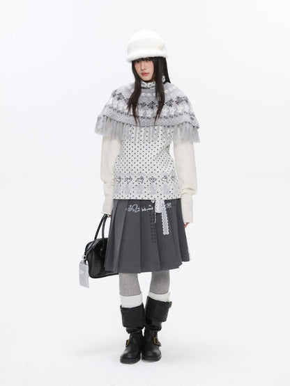BETWEENAND Fair Isle Jacquard Fringe Knit Cape Women&