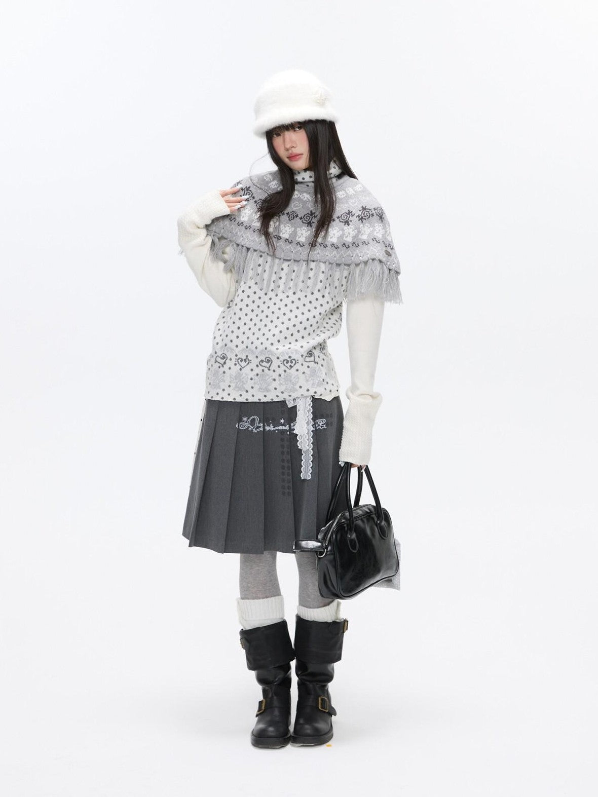 BETWEENAND Fair Isle Jacquard Fringe Knit Cape Women&