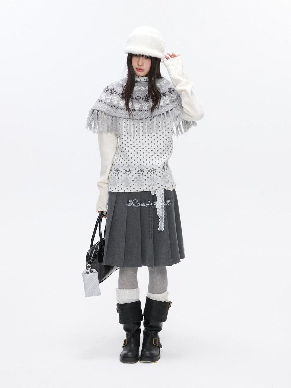 BETWEENAND Fair Isle Jacquard Fringe Knit Cape Women&