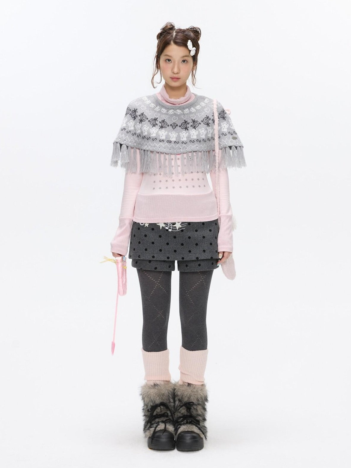 BETWEENAND Fair Isle Jacquard Fringe Knit Cape Women&