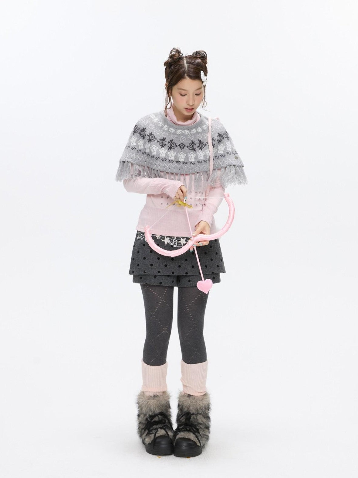 BETWEENAND Fair Isle Jacquard Fringe Knit Cape Women&