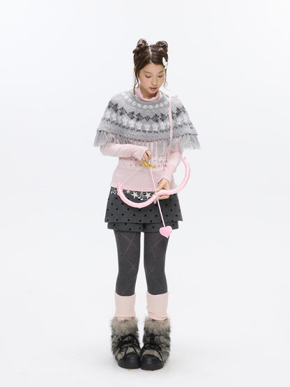 BETWEENAND Fair Isle Jacquard Fringe Knit Cape Women&
